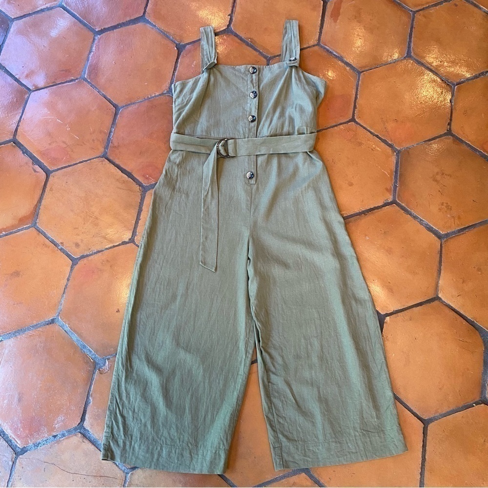 Topshop Green Button Front Linen Blend Belted Jumpsuit Romper U.S. Size 14